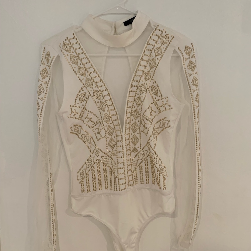 White Embroidered Mesh Body Suit